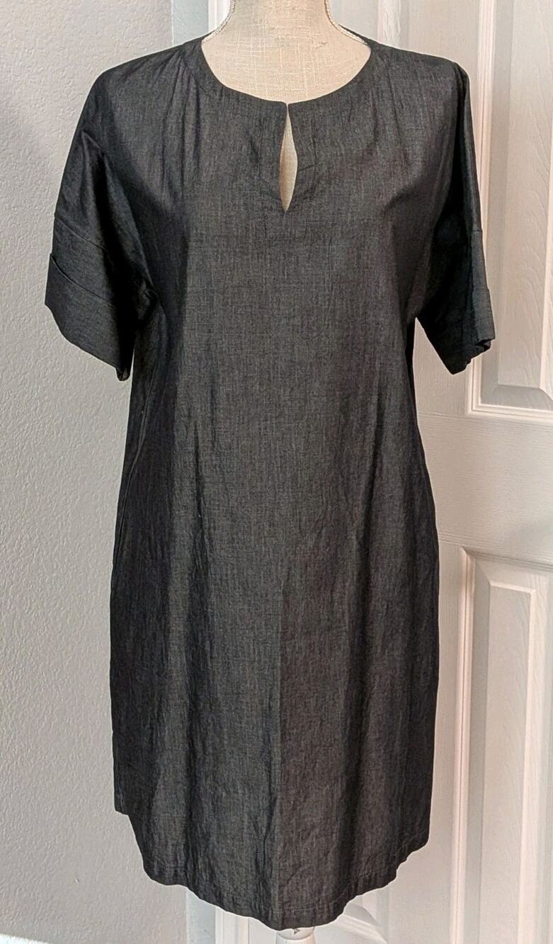 Ming Wang Charcoal Gray Cotton Chambray Split Neck Shift Dress Size S Pockets